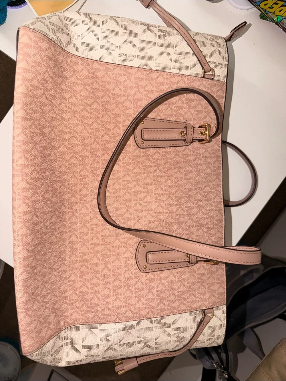 Michael Kors Voyager Medium Signature Tote Blush Pink Cream Gold Hardware